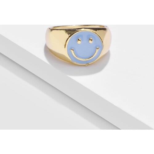 Happy face smile Enamel gold signet ring for women colorful moon butterfly sun yinyang wide fancy ring for teenage girls cute