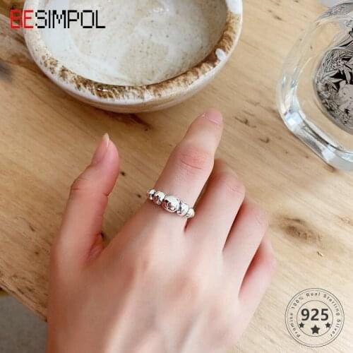 Besimpol 100% Real 925 Sterling Silver Ring Minimalist Vintage Stone Adjustable Rings For Women Fashion Fine Jewelry Ring Gifts