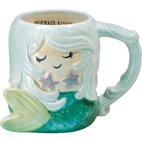 Cute Cartoon 3D Hand Paining Mermaid Starfish Ceramic Coffee Mug Creative Couple Drinking Water Milk Cup Christmas Gift