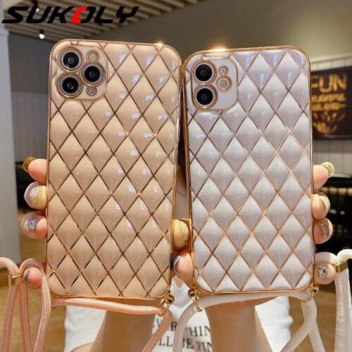 Fashion Diamond Plating Strap Lanyard Soft Silicon Phone Case For iPhone 12 11 Pro XS Max 7 8 Plus X XR SE 2020 Necklace Cover