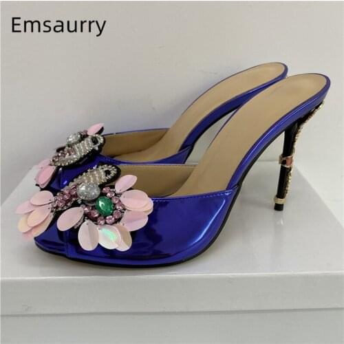 Bling Diamond Sequins Flower Lazyman Mules Lady Metal Petal Decor Thin High Heels Peep Toe Slingbacks Sandals Women