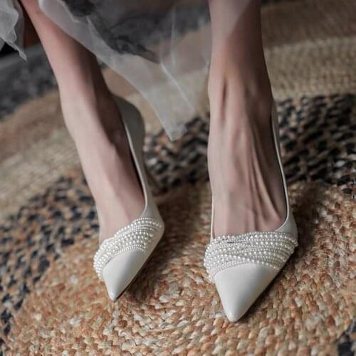 Autumn New Beaded Pointed High Heels Womens Stiletto Fashion Single Shoes High Heels Pumps Bridesmaid Shoes Wedding Dress Shoes