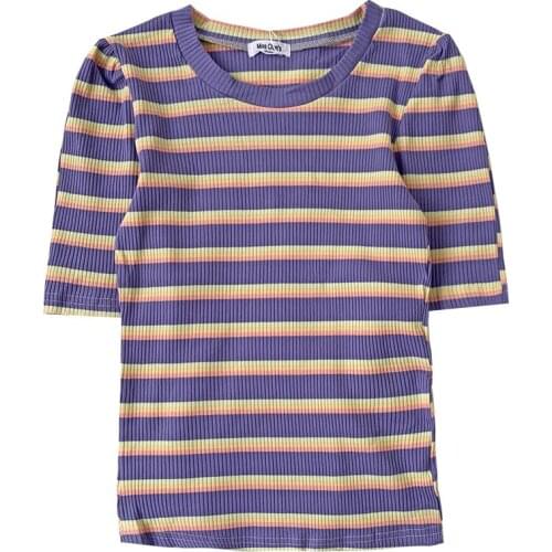Summer Rainbow Contrast Color Striped Puff Sleeve Purple O Neck Slim Simple All-match Short Sleeve T-Shirt