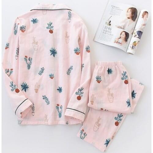 2021 Spring and Autumn Pajamas Set Ladies Pure Cotton Cute Flowers Thin Double Gauze Long-sleeved Trousers Home Service Women