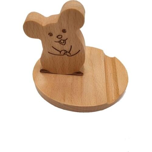 Wooden Mouse Smart Phone Stand with Anti-Slip Pads, Mobile Phone Holder Bracekt Cartoon Animal Gift Decoration for Home