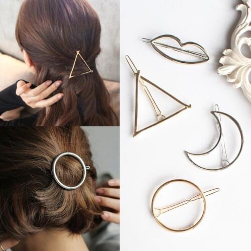 Simple metal triangle geometry hairpin hollow moon circle hair buckle broken hair side clip casual ponytail hairpin