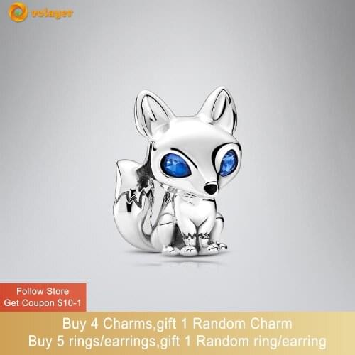 Volayer 925 Sterling Silver Beads Blue-Eyed Fox Charm fit Original European Bracelets for Women Jewelry Making Birthday Gift