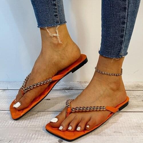 Summer Woman Shoes New Large Size Solid Color Flat Female Flip Flops Fashion Beaded Outside Comfort Beach Women Slipper Slides