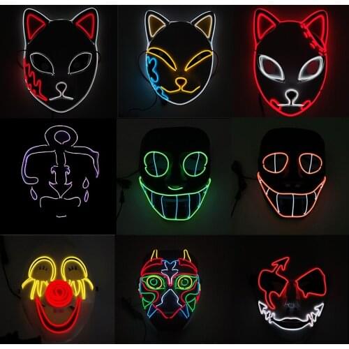 Glowing Cosplay Party EL Wire Mask Scary Smiling Face Joker LED Mask Demon Slayer Fox Mascara Glow In Dark