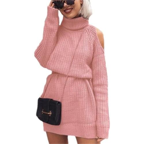 Knitwear Womens Mid-Length Turtleneck Off-Shoulder Dress Sweater Autumn Winter Women Knitted Casual Pullover Jumper