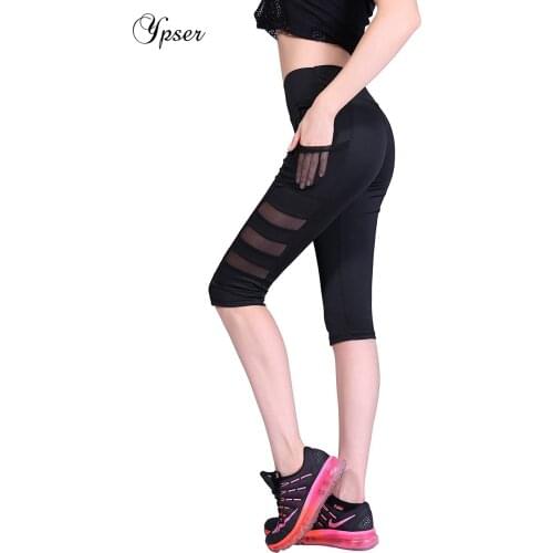 Ypser High Waisted Workout Mesh Cutout Leggings with Pockets Capris Yoga Pants for Women
