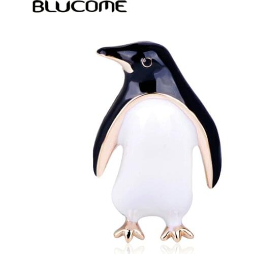 Blucome Newest Lovely Penguin Shape Animal Brooches Black Enamel Gold Jewelry For Women Children Sweater Scarf Suit Lapel Pins