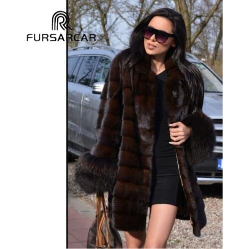 FURSARCAR New Natural Real Mink Fur Coat Women With Racoon Fur Cuff O-Neck Mink Fur Female Coat Winter Luxury Fur Coat