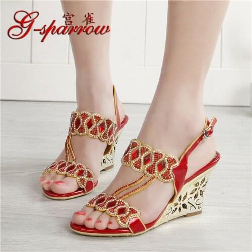 G-sparrow 2019 Summer Peep Toe Casual Sandals Women Rhinestones Wedge High Heels Shoes Green Blue Black Red 8cm
