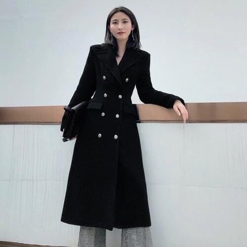 2020 Winter New Black Woolen Coat Women Elegant Fashion Solid Color Double Breasted Slim Thicken Warm Female Long Outwear Z911