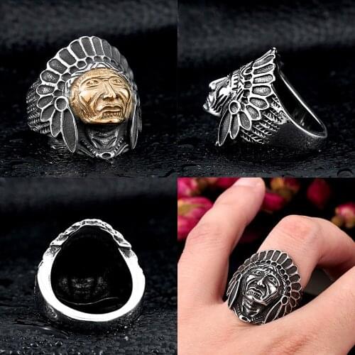 316L Golden Indian Chief Mens Calvarium Punk Vintage Ring Gothic High Quality Stainless Steel Biker Rings Motorcycle jewellery