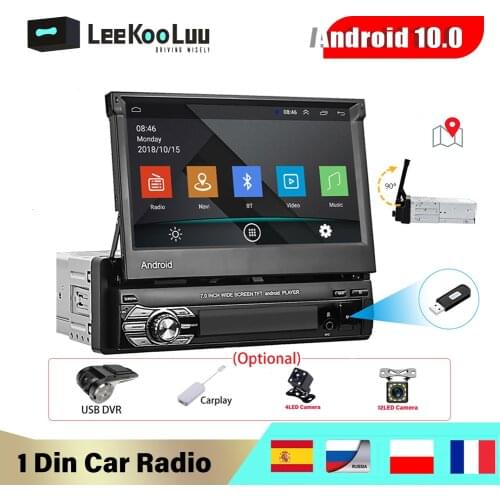 LeeKooLuu 1 Din Android 10.1 Car Radio Retractable Touch Screen 1Din Auto Radio GPS Multimedia Player Bluetooth Wifi Mirrorlink