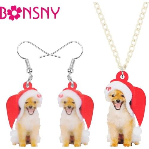 Bonsny Acrylic Christmas Hat Golden Retriever Dog Jewelry Set Necklace Earrings Animal Jewelry For Women Girls Teens Party Gift