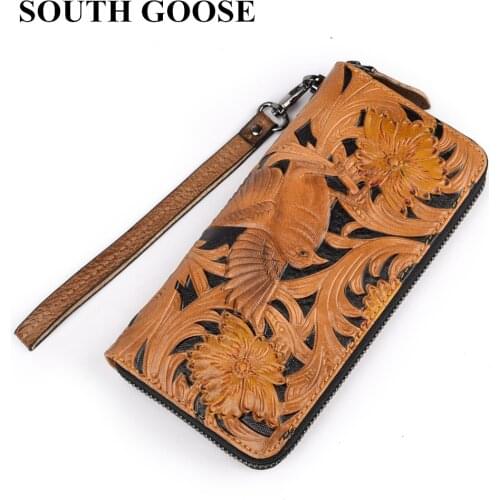 SOUTH GOOSE Brand Men Wallet Clutch Genuine Leather Vintage Mens Clutch Wallets Leather Carving Long Purses Business Handy Bag