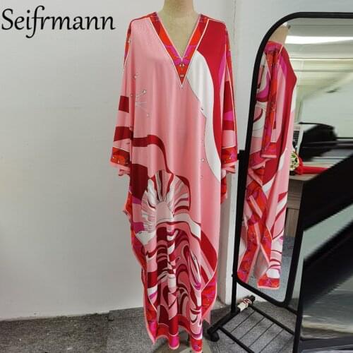 Seifrmann New 2021 Summer Women Fashion Designer Boho Holiday Maxi Dress Batwing Sleeve Geometric Print Loose Dresses Long Robe