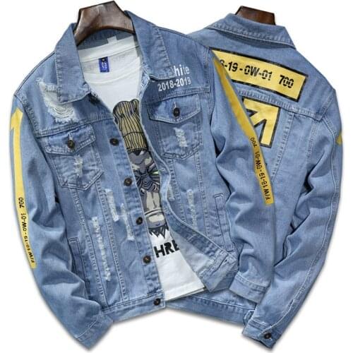 Autumn new denim jacket men trend handsome printed slim Jeans Coats thin Long Sleeve Ripped Outerwear Hole Streetwear