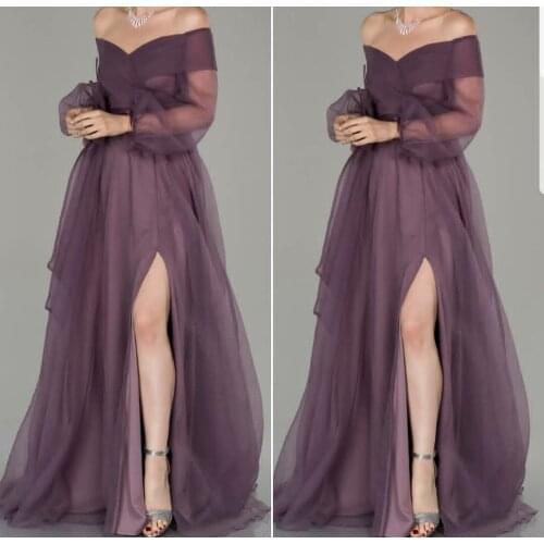 Elegant Long V-Neck Tulle Evening Dresses with Slit White Floor Length V-Neck Abendkleider Formal Party Dress for Women
