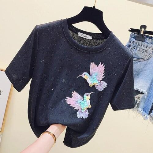 Zuolunouba Summer New T Shirt Ladies Bird Flying Dance Sequins Harajuku Ice Silk Black Loose Tees Tops Woman
