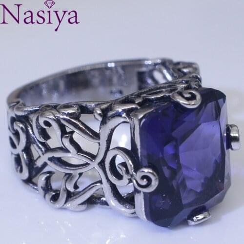 Hollow Flower Purple Color Gemstone Ring Retro Thai Silver Vintage Engagement 925 Silver Ring Jewelry