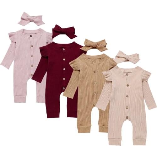 Newborn Baby Girl Boy Ribbed Clothes Knitted Cotton Romper Jumpsuit Solid 2PCS Outfits Baby Spring Autumn Clothing