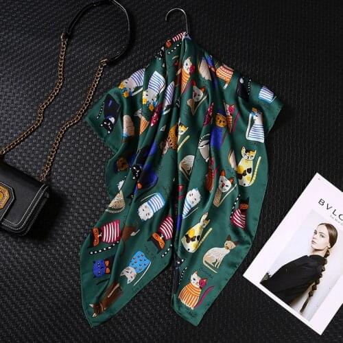 Kitten 90*90cm Square Silk scarf Women Foulard Head Scarf Ladies Shawl Wrap Muffler Pareo Bandanna Female Hijab Poncho beach