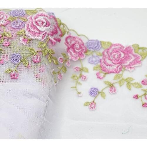 1 Meter 19.5 CM Width Pink Purple Floral Embroidered Lace Trim White Mesh Fabric For Lingerie Underwear Dress Bra Decor Handmade