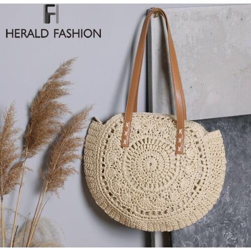 2021 Summer Round Straw Bags for Women Rattan Shoulder Bag Handmade Woven Beach Handbags Female Message Handbag Totes Bag