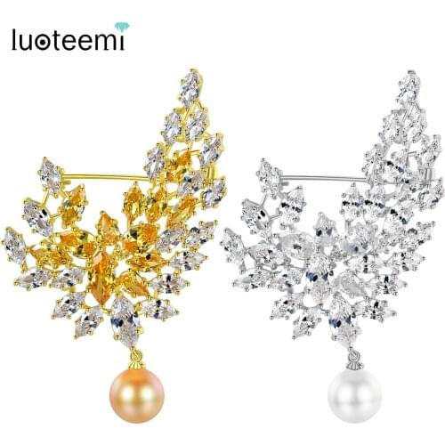 LUOTEEMI New Fashion Feather Leaf Brooches for Women Wedding Engagement Party Brooch Pins Dress Coat Accessories Christmas Gifts