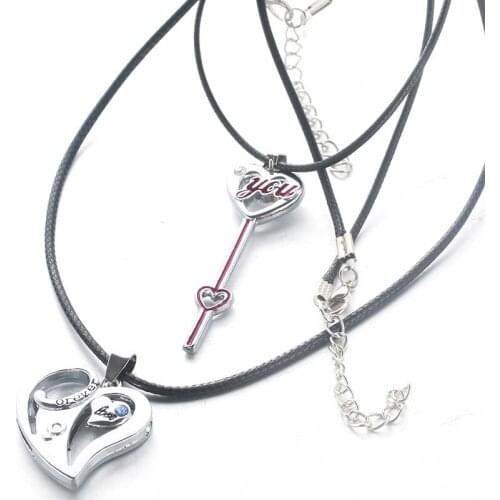 2pcs Metal Retro Heart Love Story Key Pendant Charm Leather Necklace Couple Best Friend Gift Jewelry