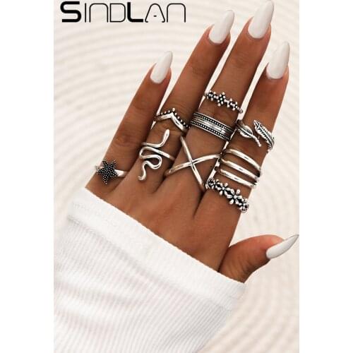Sindlan 9Pcs Boho Punk Snake Ring Set for Women Antique Sea Star Charm Geometric Fashion Girls Joint Finger Jewelry Accessories
