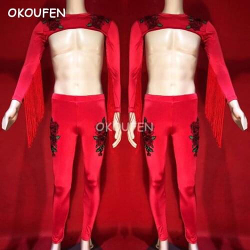 Nightclub male singer ds sexy half embroidered fringed costume party show stage dress dancer performance set