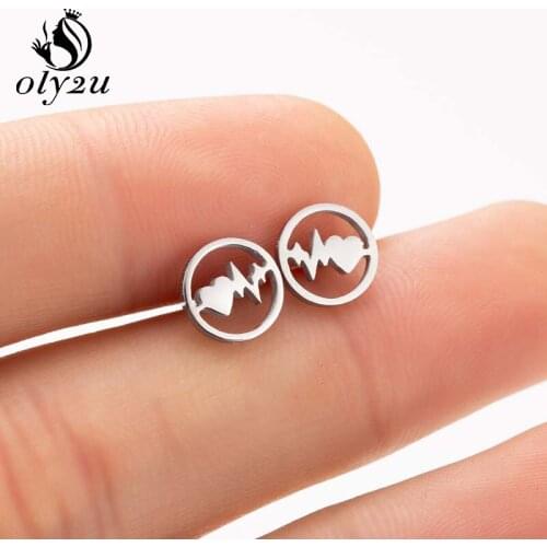 Oly2u Punk Stud Earrings For Women Heart Earings ECG Medical brincos Stainless Steel Jewelry Earing oorbellen aretes de mujer