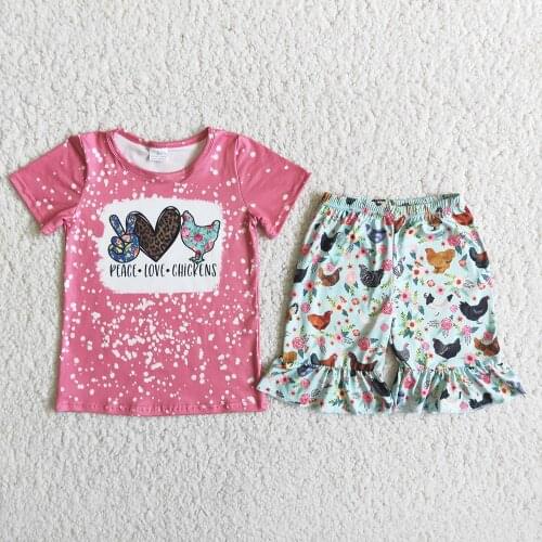 Cute Kids Short Sleeve Shirt And Ruffle Shorts 2 Pieces Set Baby Girls Pink Color Farm Pattern Outfit For Summer