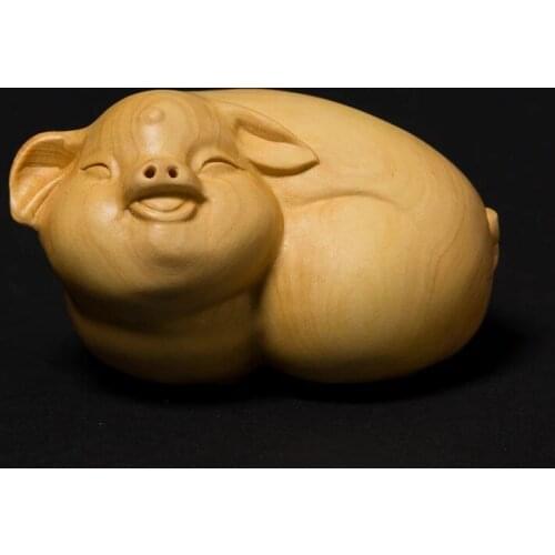 Boxwood Carving Handlmade Solid Wood Carving Crafts Fortune Chinese Pig Zodiac Lucky Fu Pigs Wood Statue Animal Statue