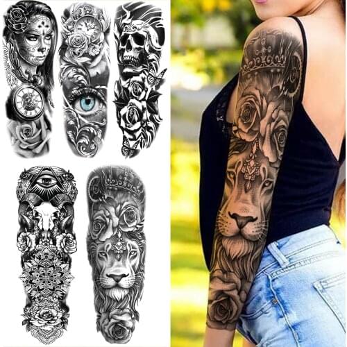 Sexy Lion Rose Temporary Tattoos Sleeve For Women Men Skull Compass Gangster Fake Tattoo Sticker DIY Deer Demon Eye Tatoos Large