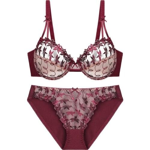 Wine sexy lingerie for women red ultra-thin hollow embroidery sexy rich group large size bra set female underwear