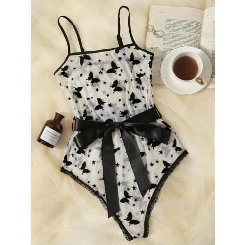 Sexy Sling Butterfly Printed Bodysuits See Through Cute Teddy Lingere Erotic Babydoll Flirting Underwear Sex Outfits for Women