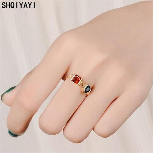 SHQIYAYI Chain Finger Rings Women Love Heart Engagement Wedding Ring Red Black CZ Crystal Cubic Zirconia Fashion Jewelry 245