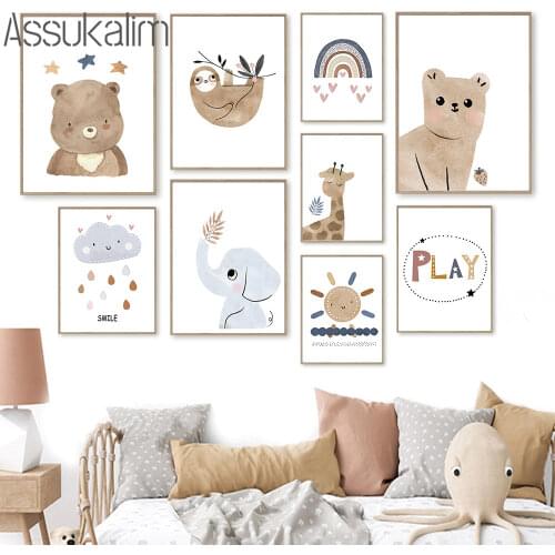 Sun Rainbow Canvas Art Painting Giraffe Elephant Wall Art Print Bear Posters Nursey Wall Poster Nordic Baby Room Decoration