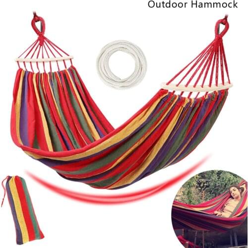 Outdoor Hammock Garden Sports Home Travel Camping Swing Canvas Stripe Hang Bed Hammock Double Single People with Backpack