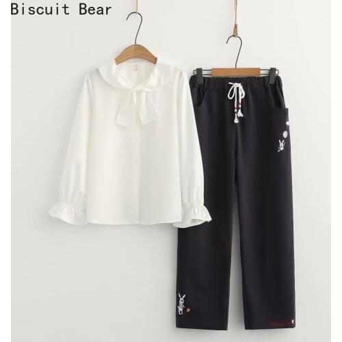 Women Casual Pant Sets Solid Tie Collar Cotton Blouse And Cartoon Embroidery Straight Pants 2021 Summer 2 Piece Set Clothing