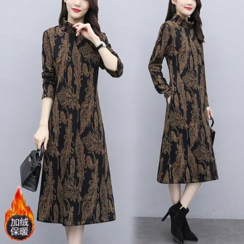 Floral Dress Plus Velvet Thickening Knee-Long Ladies Long Temperament All-match Mother Skirt Mid-Length Age-Reducing Base Skirt