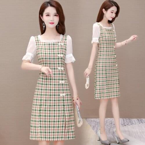 Chic Plaid Ruffled Sleeve Midi Dress Bodycon Chinese Knot Button Square Collar Cheongsam Summer Party Dress Office Lady Vestidos