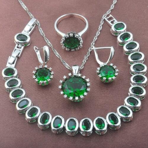 2020 New Round Green Zirconia Silver Plated Womens Wedding Jewelry Sets Bracelet Necklace Pendant Earrings Ring YZ0529
