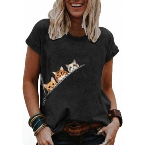 2021 Womens Fashion Cute Cat Print Comfortable T-shirt Casual Round Neck Short Sleeve T-shirt Loose Top Wn